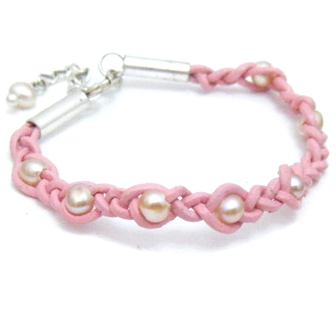 White Pearls on Pink Leather Bracelet